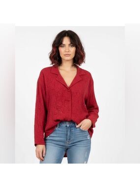 URU by Kristine Rrik Red Silk Embossed Jacquard Top - Size XL